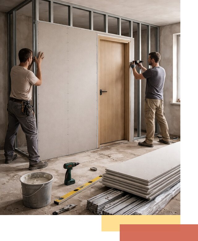 Перегородка из гипсокартона с дверью под ключ в Гагарине