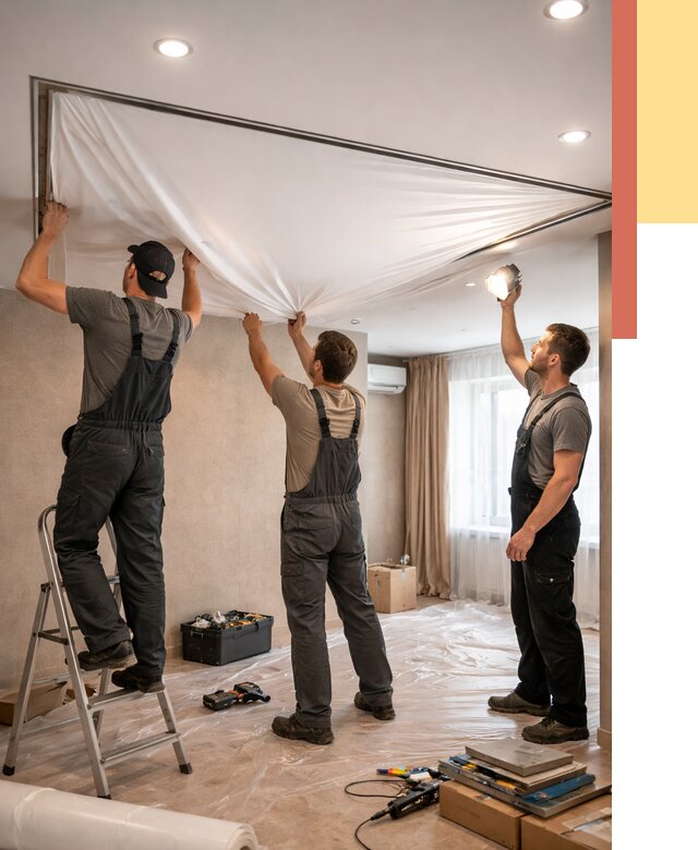 Монтаж ПВХ натяжного потолка в Гагарине от 3641 руб. под ключ | ОТДЕЛОЧНИК-Ггр