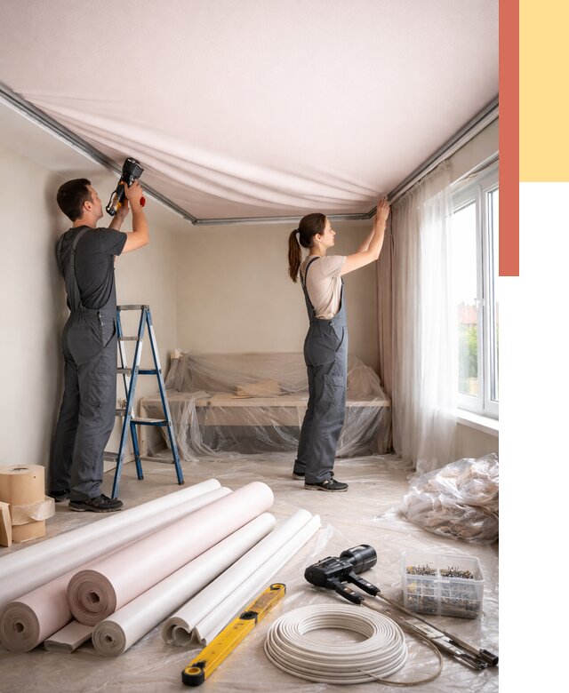 Монтаж цветного натяжного потолка в Гагарине от 4370 руб/м² — быстро и недорого | ОТДЕЛОЧНИК-Ггр