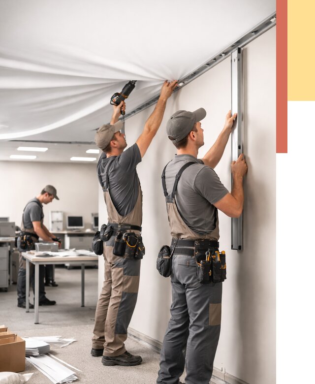 Монтаж натяжного потолка в офисе в Гагарине от 468 руб/м² — быстро и недорого | ОТДЕЛОЧНИК-Ггр